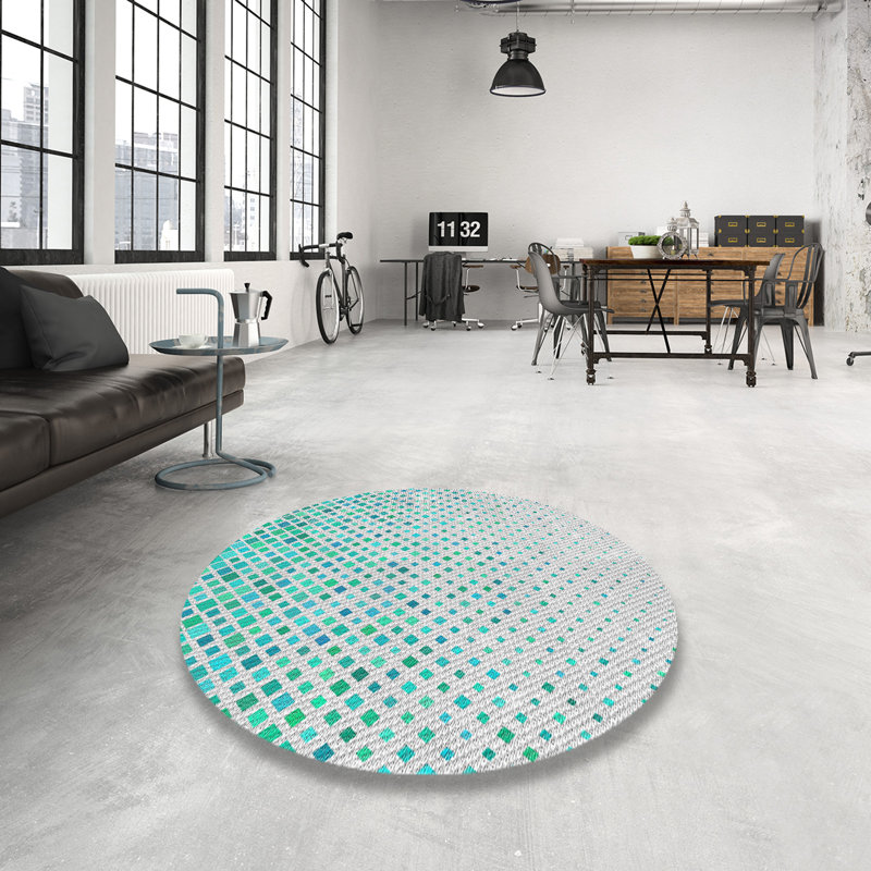 Tapis vert/blanc bleu turquoise à motifs, Rond 4 pi