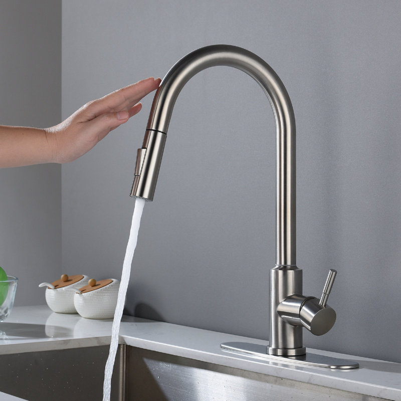 Robinet de cuisine rétractable à poignée simple avec accessoires, Nickel brossé