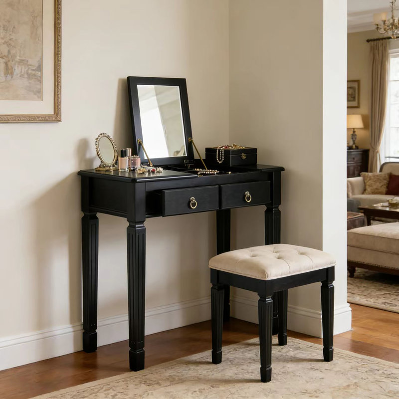 Meuble-lavabo et bureau en bois massif avec miroir rabattable et tiroirs de rangement, Noir
