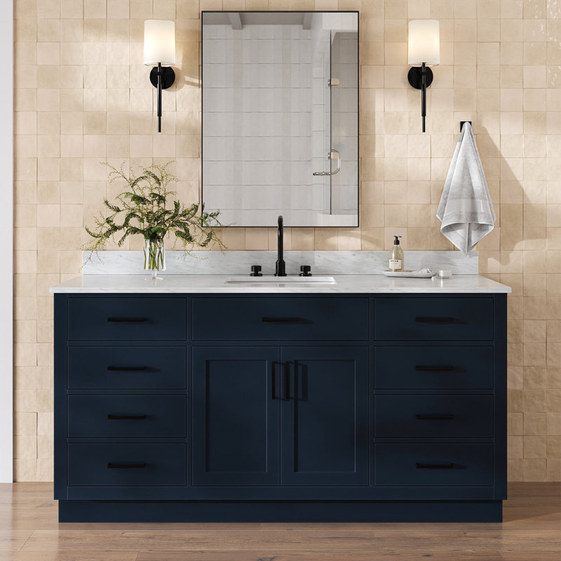 Meuble-lavabo simple en bois massif 48 po avec lavabo en marbre de Carrare 0,75 po Jameal, Forme rectangulaire, Bleu minuit