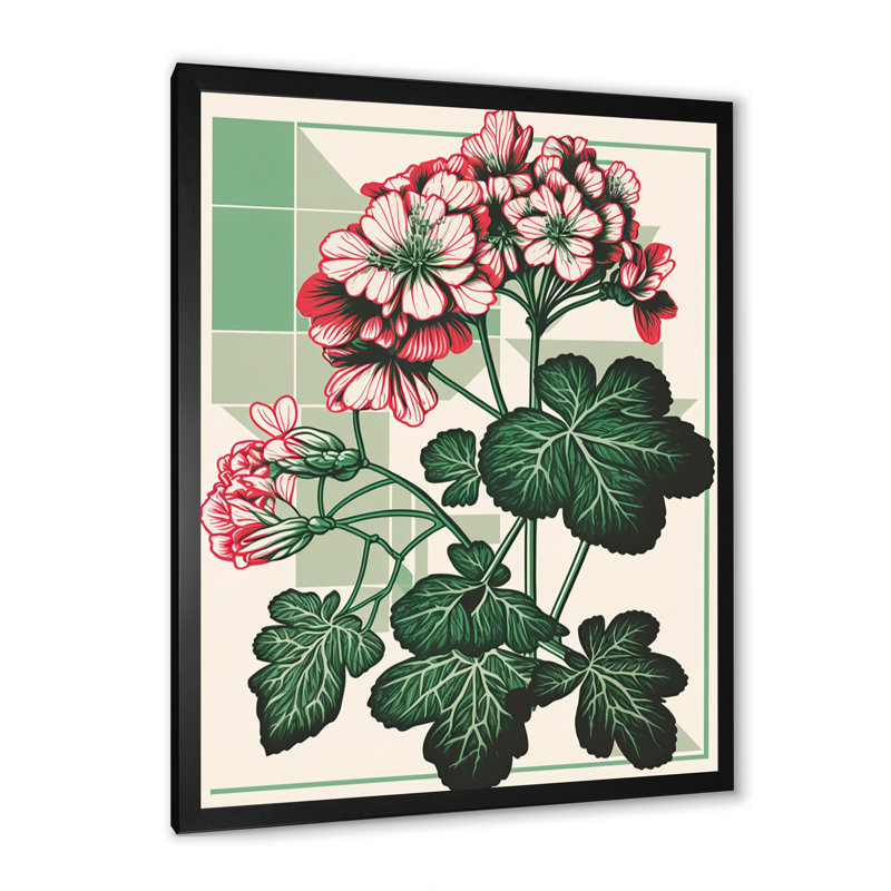 «Geranium florissant en couleurs rétro I», art mural sur toile florale, Impression noire sur toile encadrée