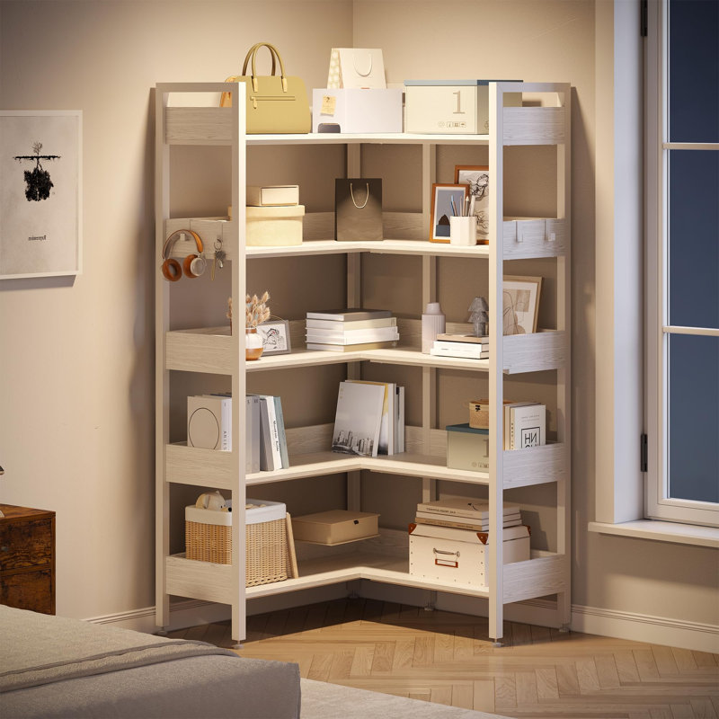 Bibliothèque de coin industrielle à 5 niveaux avec structure en métal robuste et fonction convertible et 4 crochets, conçue pour durer dans le salon, la chambre à coucher et le bureau personnel