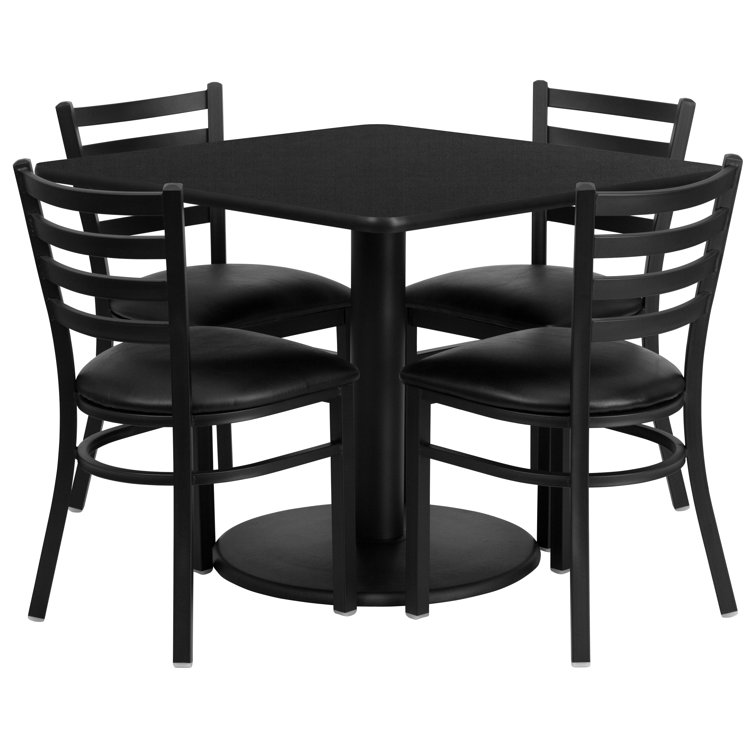 Hao 36'' Square Laminate Table Set with Round Base and 4 Ladder Back Metal Chairs