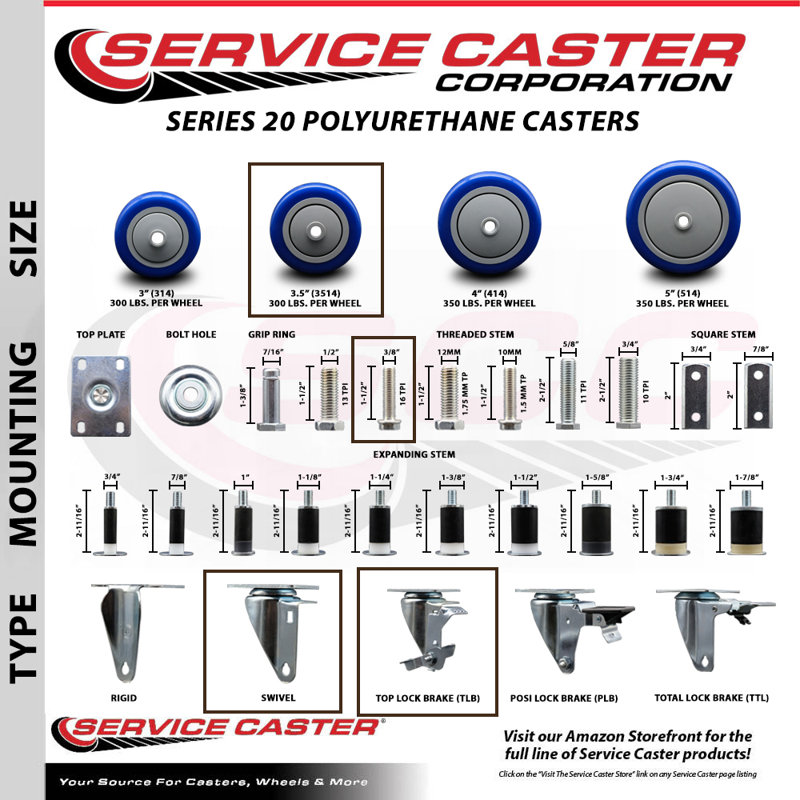 Ensemble de roulettes à tige filetée 3,5 pouces en polyuréthane pivotant 3,5 pouces 3/8 pouces