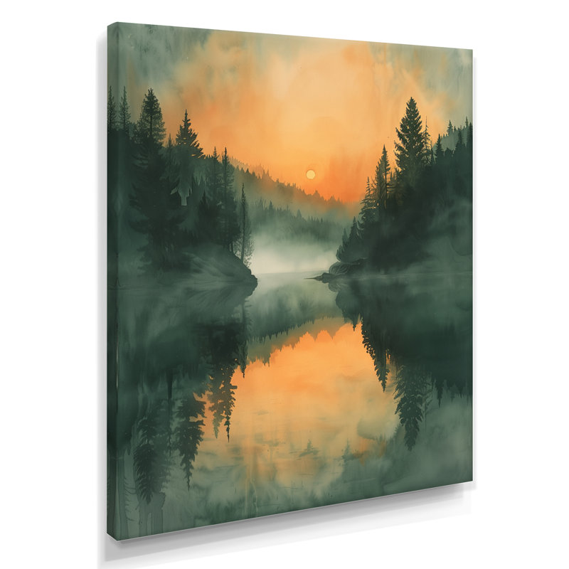Décoration murale orange, forêt verte, lac au coucher du soleil, Toile tendue, H 32 po x l 24 po