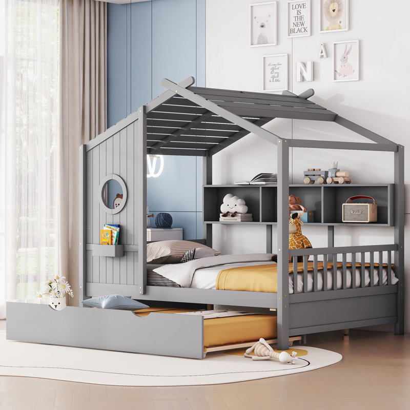 Lit en bois avec couchette, gris, Double