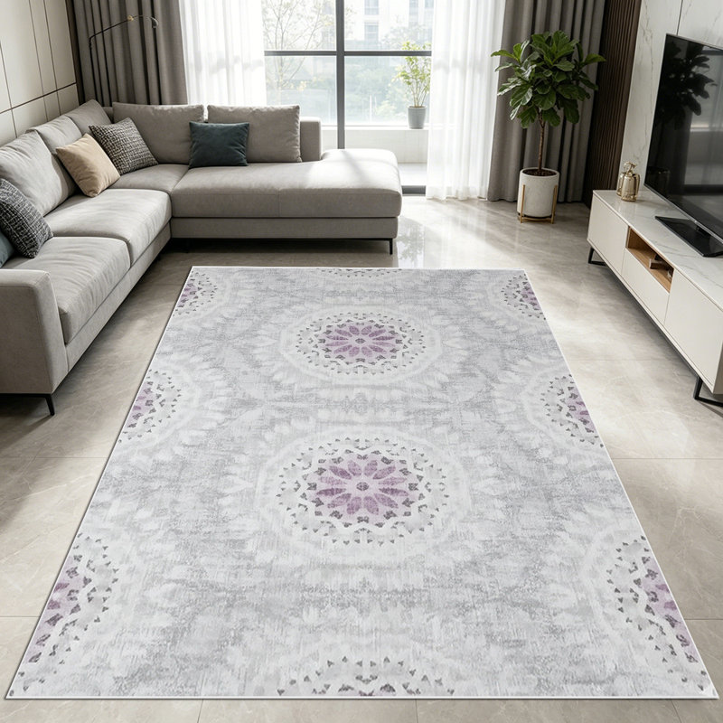 1PC Vintage Medallion Lilac Gray Floral Lace Print area rugs for Living Room, Soft, All seasons, Easy-maintain, Washable Indoor mat, Farmhouse suitable for for dining room, bedroom, kitchen entryway...