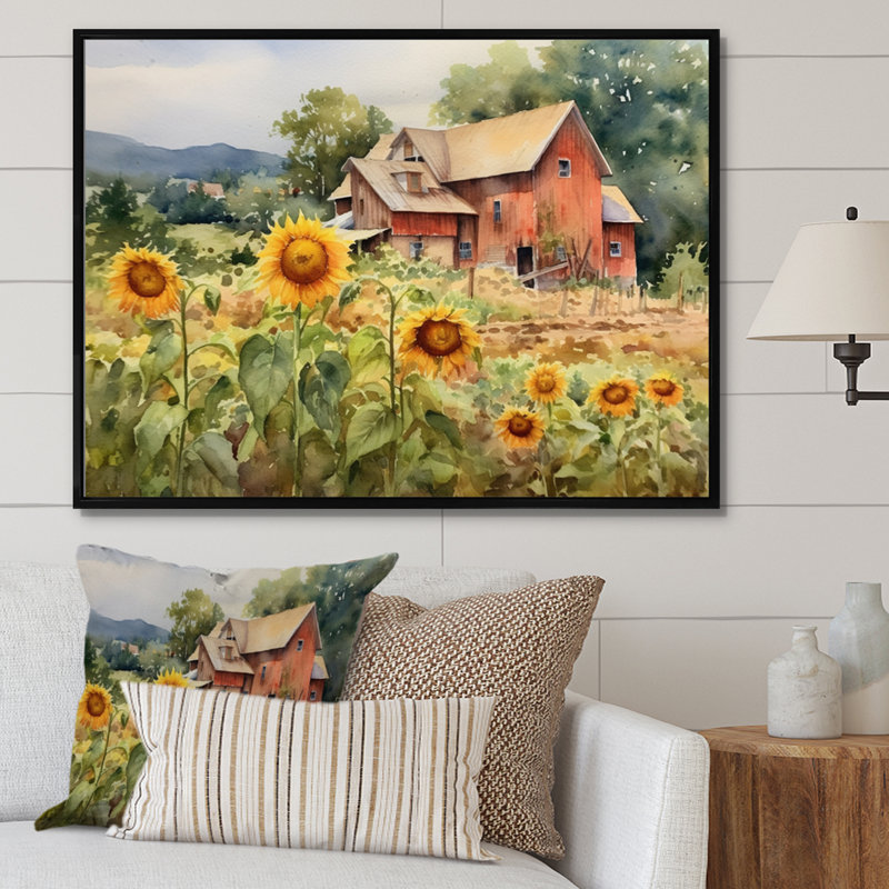 Tournesol doré à la ferme III - art mural floral, H 34 po x l 44 po x P 1,5 po, Cadre flottant noir