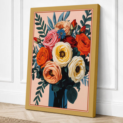 Coral Roses and Peonies Botanical - Wrapped Canvas