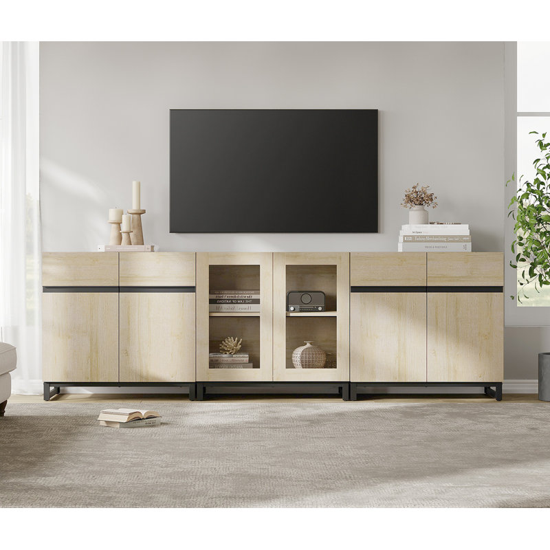 Modern TV Stand For Tvs Up To 100 Inch, 3 In 1 TV Console With Glass Doors And 2 Drawers, Entertainment Center With Adjustable Shelf For Living Room, Bedroom