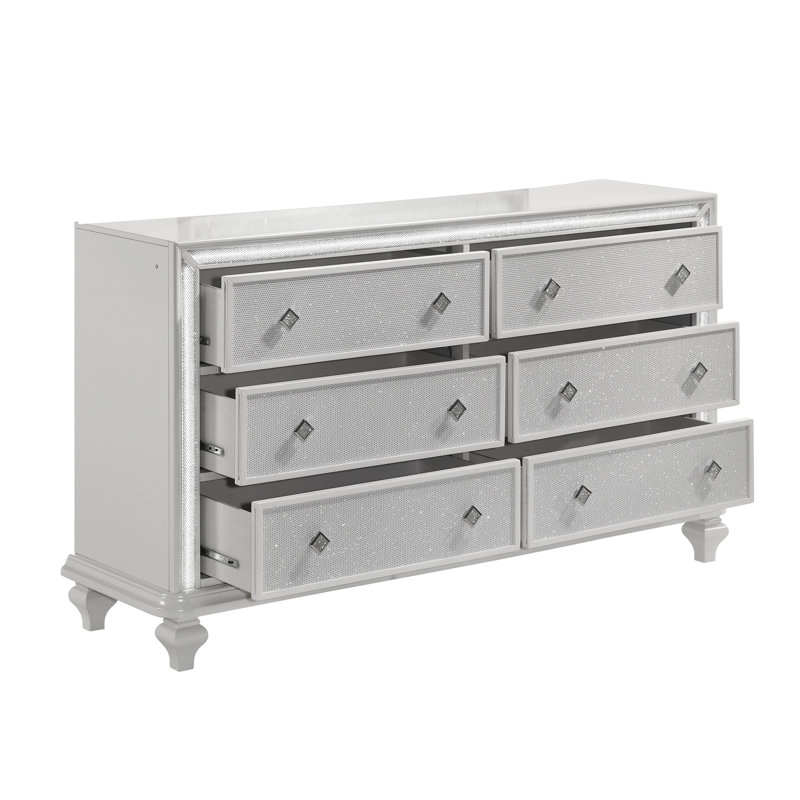 Grande commode Stacy avec 8 tiroirs et lumières DEL, argent, bois blanc