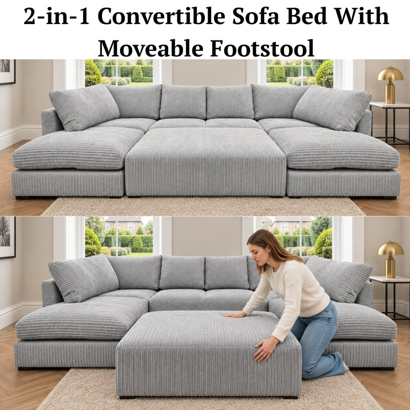 7 Seater Corduroy Sofa Bed, Silver