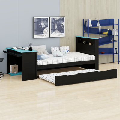 Wood Daybed with Trundle, Writing Desk, Built-in LED Lighting & USB Charging Ports