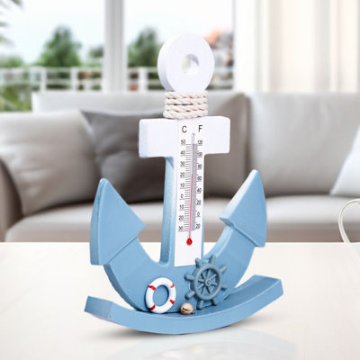 Sculpture de table ancre nautique bleue et blanche Folse avec thermomètre