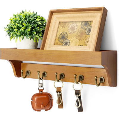  Porte-clés mural en bois de pin Farmhouse pour décoration de chambre - Porte-clés rustique pour mur avec tablette pour petites plantes et objets mignons - Organisateur d'entrée idéal pour la maison (bois naturel)