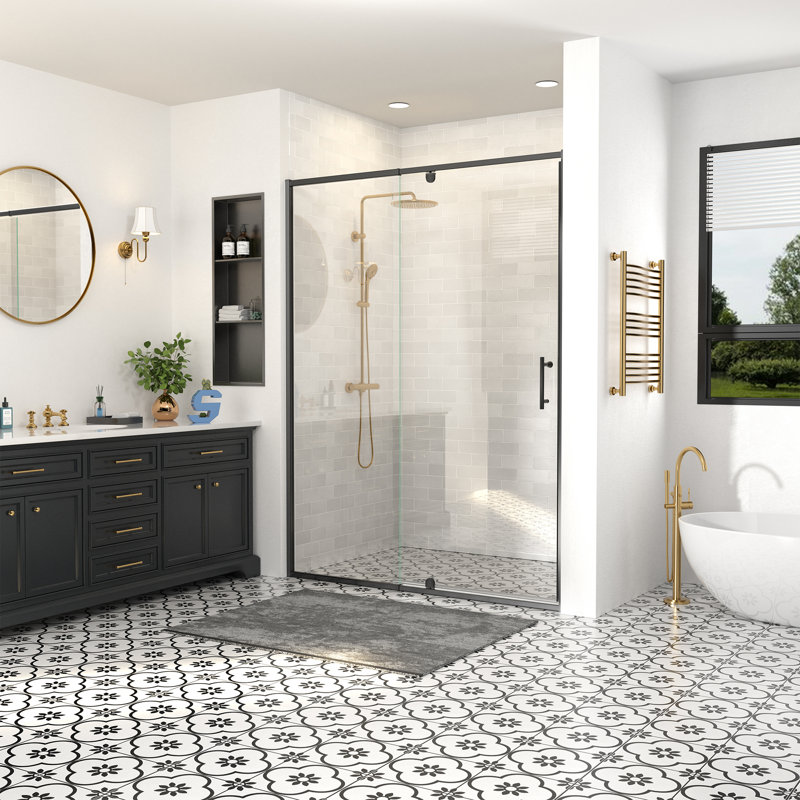 44-48＂W X 71＂H Semi-Frameless Pivot Swing Shower Door with 1/4＂Tempered Glass, Black