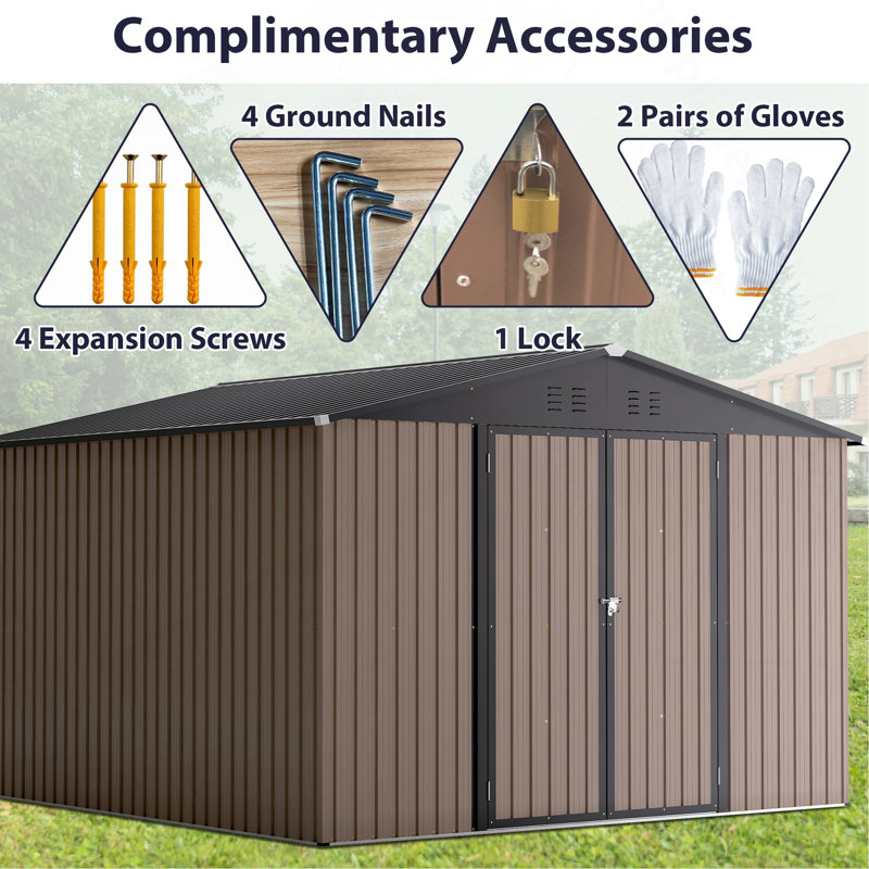 10' X 10' Metal Storage Shed For Ourdoor, Steel Yard Shed  With Design Of Lockable Doors, Utility And Tool Storage For Garden, Backyard, Patio, Outside Use