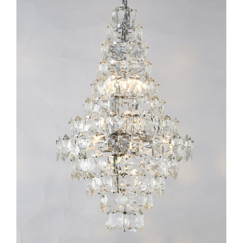 Lustre en acier inoxydable chromé à 15 lumières avec accents en cristal transparent, Chrome