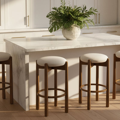 Indoor Wooden Upholstered Barstool, Walnut Finish And Ivory Upholstery, Set Of 2