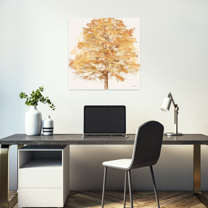 Art contemporain avec feuillage doré et feuilles d'or, H 18 po x l 18 po