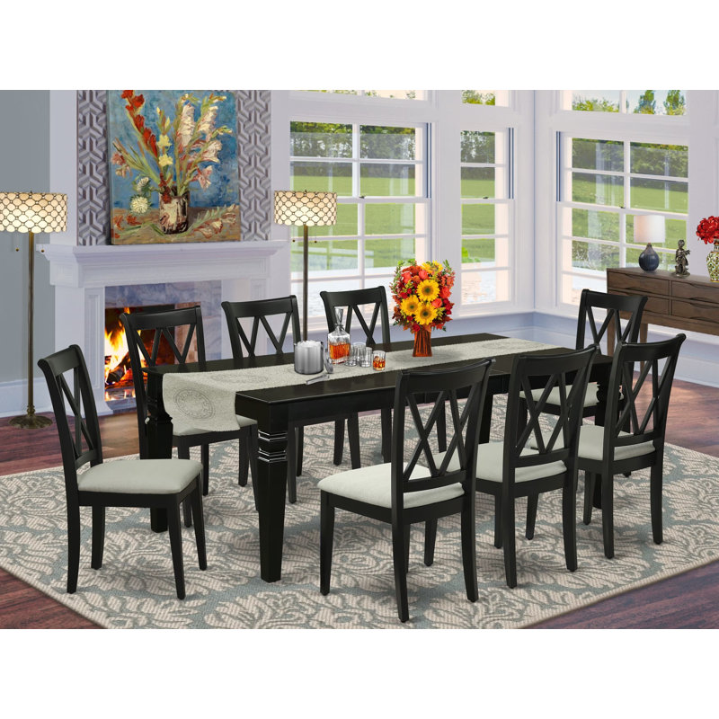 Ensemble de table de salle à manger 9 pièces comprenant une table de cuisine rectangulaire avec rallonge papillon et 8 chaises de salle à manger rembourrées en tissu de lin, 42 po x 84 po, noir