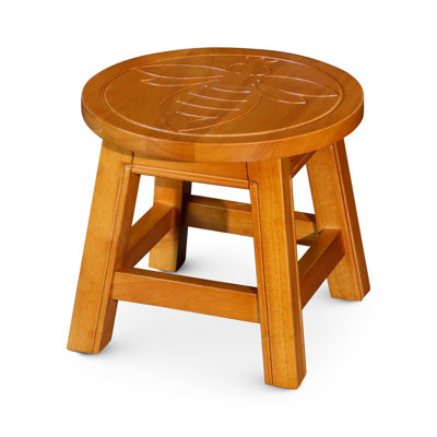 Natural Rubberwood Step Stool With Queen Bee Accent - 10 Inch Decorative Wood