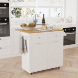 Rubab 35.4" Kitchen lsland with Trash Can Cabinet, Locking Wheels, Spice & Tower Rack