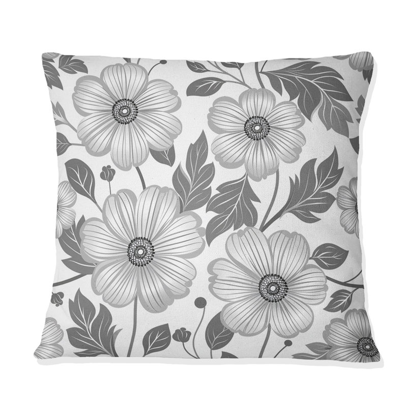 Coussin décoratif gris et blanc à motif floral Blooms I, H 16 po x l 16 po