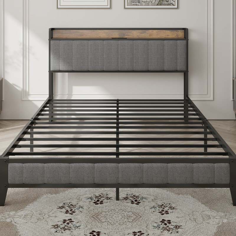 Grand lit tapissier gris foncé - plateforme en métal avec accessoire de chargement pour plateforme de lit, Grand lit