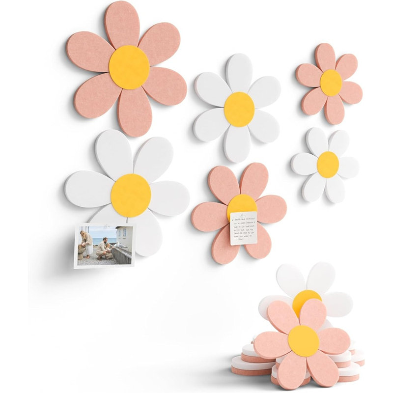 6 pièces de décoration murale en feutre de marguerite - babillard rose et blanc pour chambre de bébé, chambre de fille, chambre à coucher et espace pour enfants