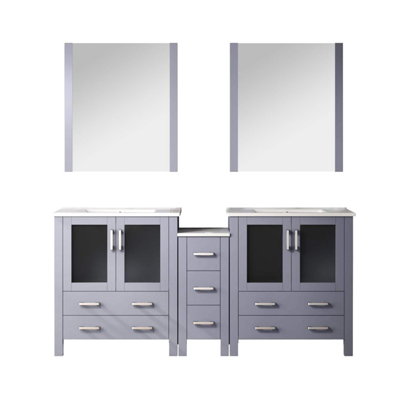 72 po W Double meuble-lavabo de couleur gris foncé, comptoir en céramique blanche, 28 miroirs, fonctionnalité de fermeture en douceur, grand espace de rangement dans les armoires et les tiroirs intérieurs larges, ton, caractéristique, abondant