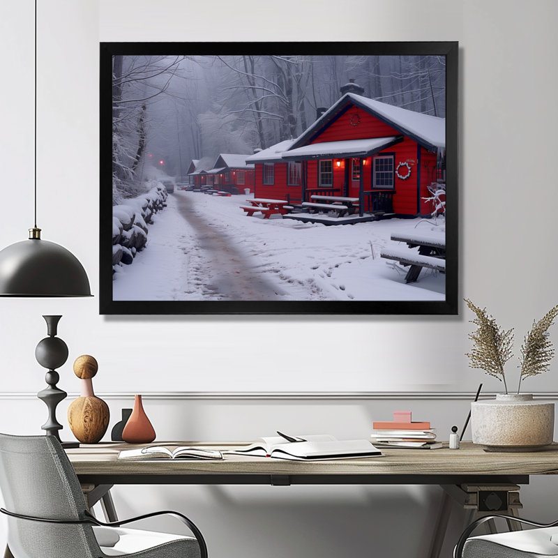 Rouge, blanc, hiver, hôtel, chalet douillet II - hôtels et loges, décoration murale, H 30 po x l 40 po, Encadrement argenté