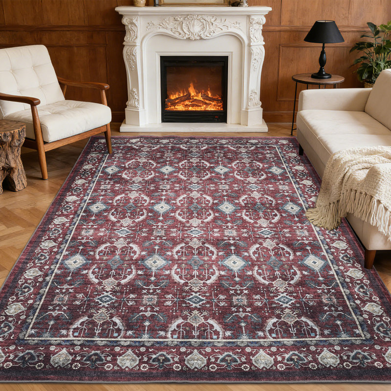 Area Rug 5×7, Washable Vintage Boho Rug, Low-Pile Non-Slip Stain Resistant Carpet for Living Room, Bedroom, Dining Room, Kids Nursery, Red