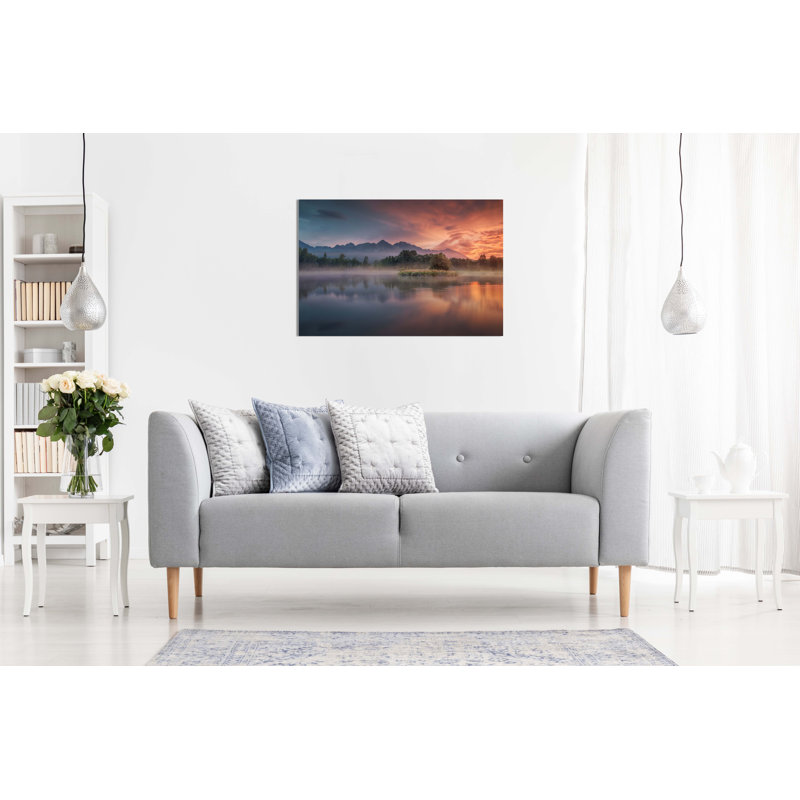 Morning Daybreak Orange Sunlight By The Lake Panorama - Wrapped Canvas Print, 31cm H x 46cm W