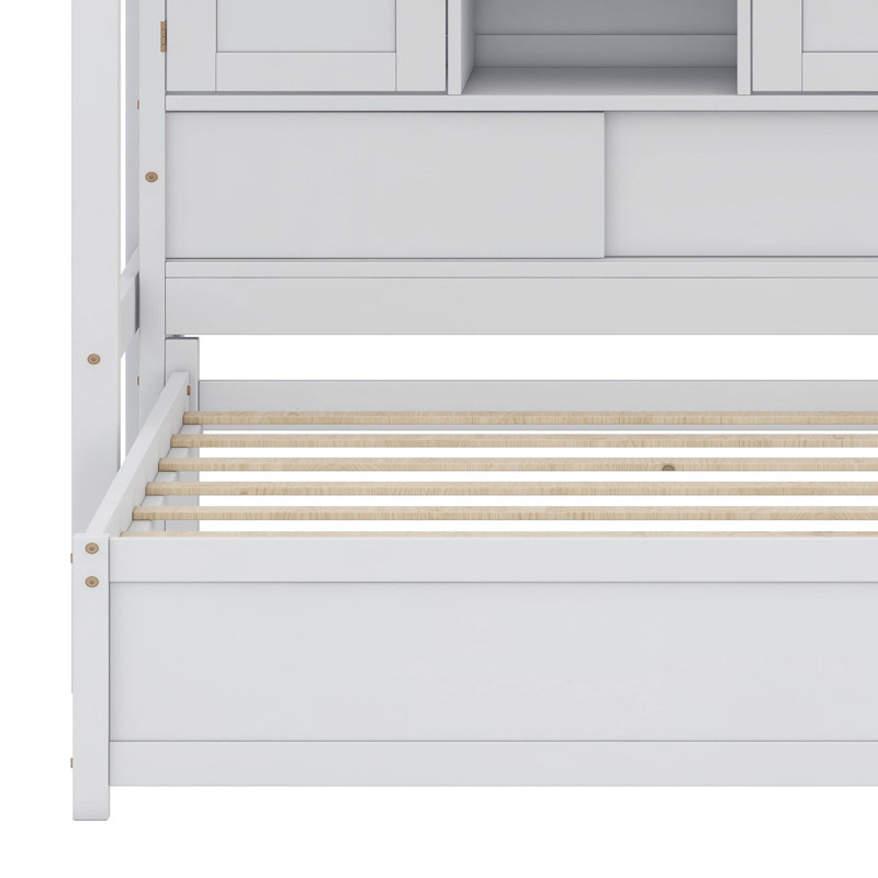 Lit mezzanine peu encombrant avec bureau intégré, escalier de rangement, compartiments et tablettes, Blanc