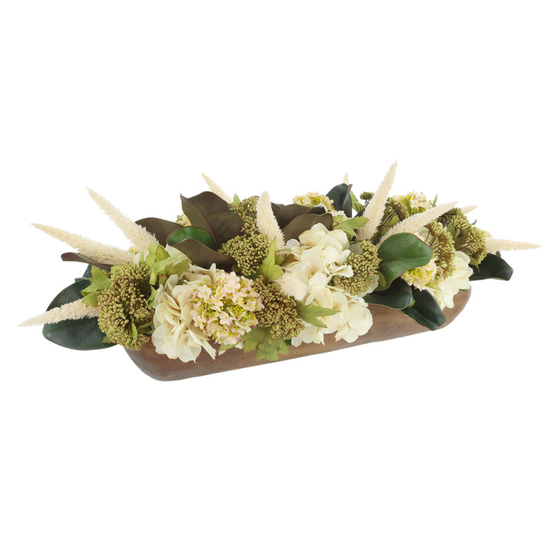 Hydrangea and Foxtail Grass Fall Centerpiece in a Wood Planter