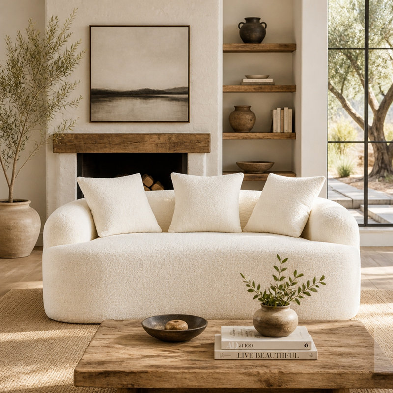 Causeuse courbée blanche en chenille avec 3 coussins pour les petits espaces