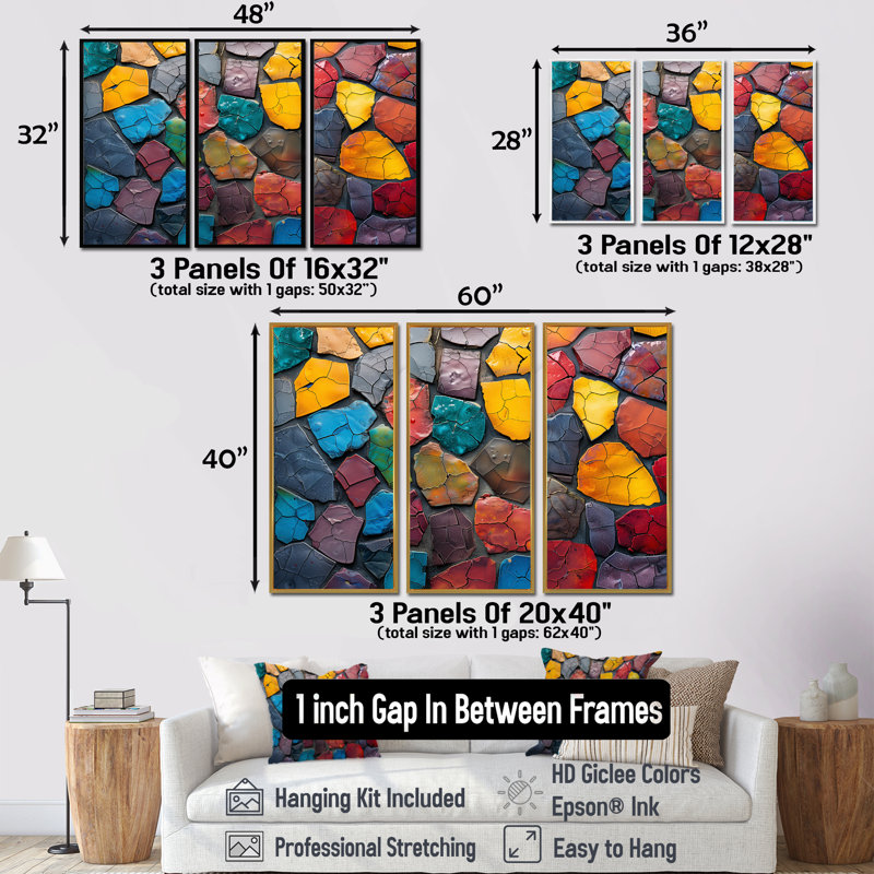 Carreaux de mosaïque colorée «Beauty I» - ensemble d'art mural décoratif mosaïque bohème, Toile naturelle avec cadre flottant