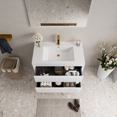 36-Inch Wall-Mounted Bathroom Vanity With Sink, Floating Storage Cabinet, Stone Resin Countertop, And Soft-Close Drawers, Fully Assembled, Glossy White Finish