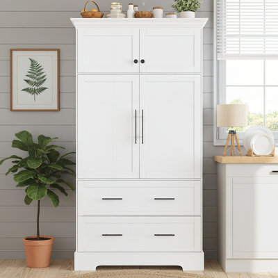 Farmhouse Freestanding Kitchen Pantry, 4 Doors with Pull-out Trays, Drawers, and Baking Supply Organizer for Spacious Storage