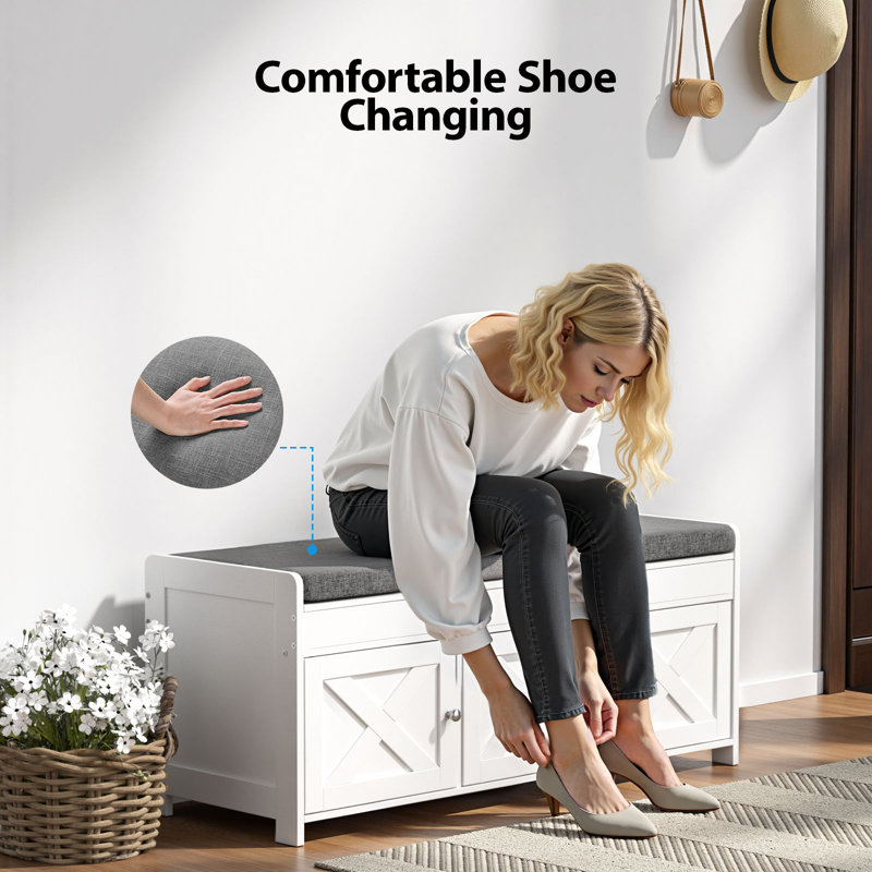 39.5" Shoe Storage Bench with Lift-Top Storage and Removable Cushion, Shoe Bench with Barn Doors and Adjustable Shelf for Entryway, Bedroom