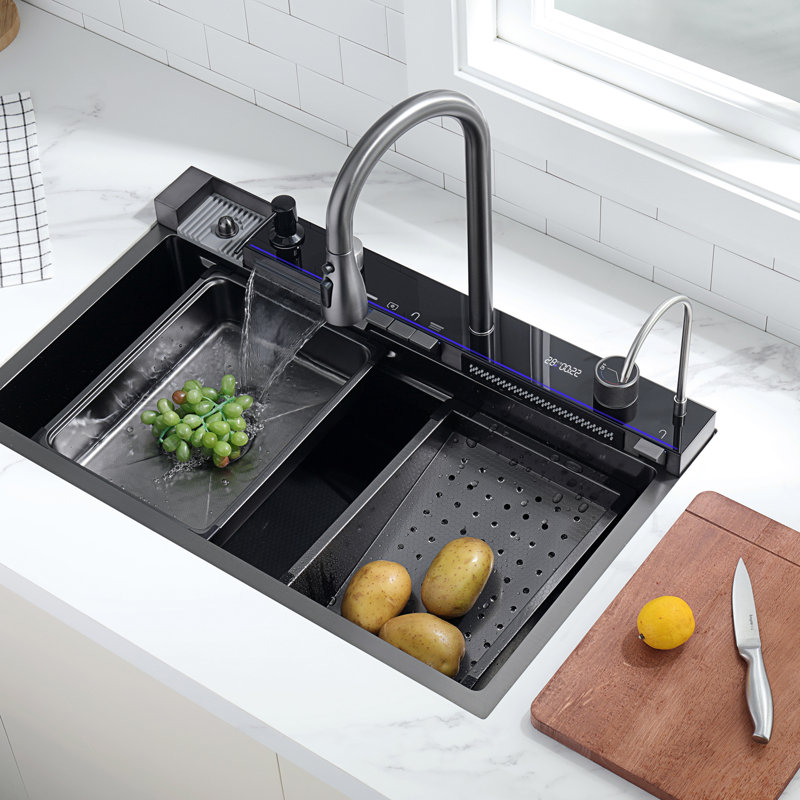 Évier de cuisine en acier inoxydable avec robinet escamotable Lefton 304, gris, KS2206