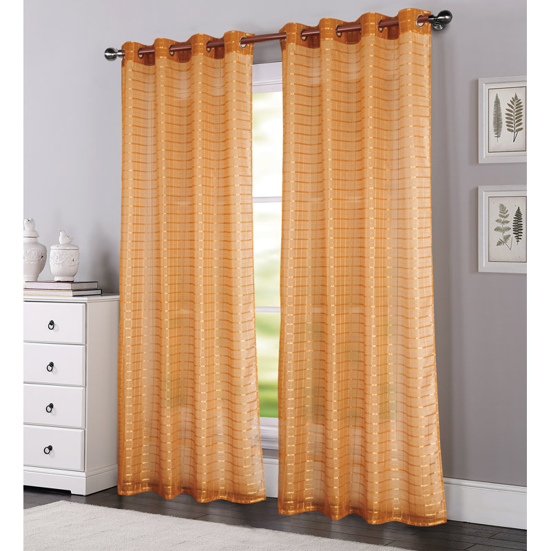 Jardine Plaid Stripe Sheer Window Curtain Panel, Gold
