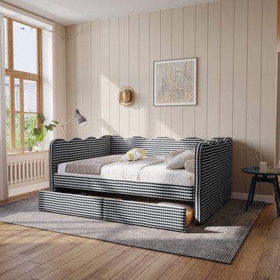 Lit de jour Gingham avec 2 tiroirs de rangement et port USB, forme ondulée