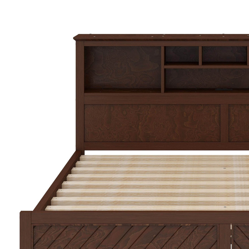 Lit plateforme très grand en bois avec tête de lit multi-rangement, USB et tiroirs, Bois antique