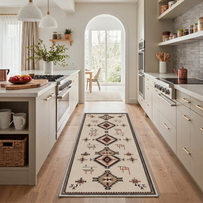 Tapis d'intérieur / beige antidérapant à motif géométrique Abrahamson