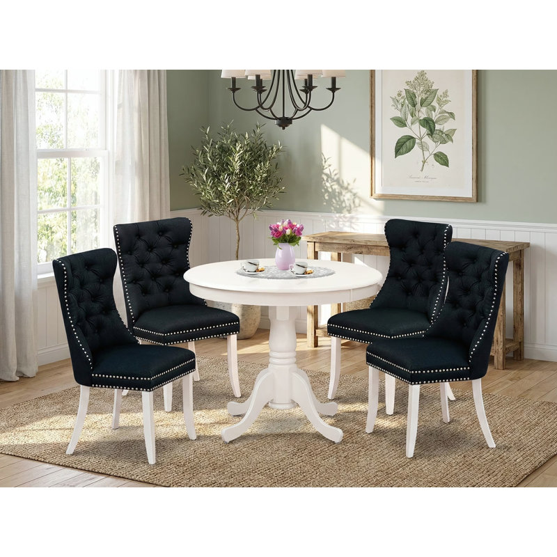 Ensemble de salle à manger 5 pièces composé d'une table ronde en bois avec piédestal et 4 chaises rembourrées, lin blanc