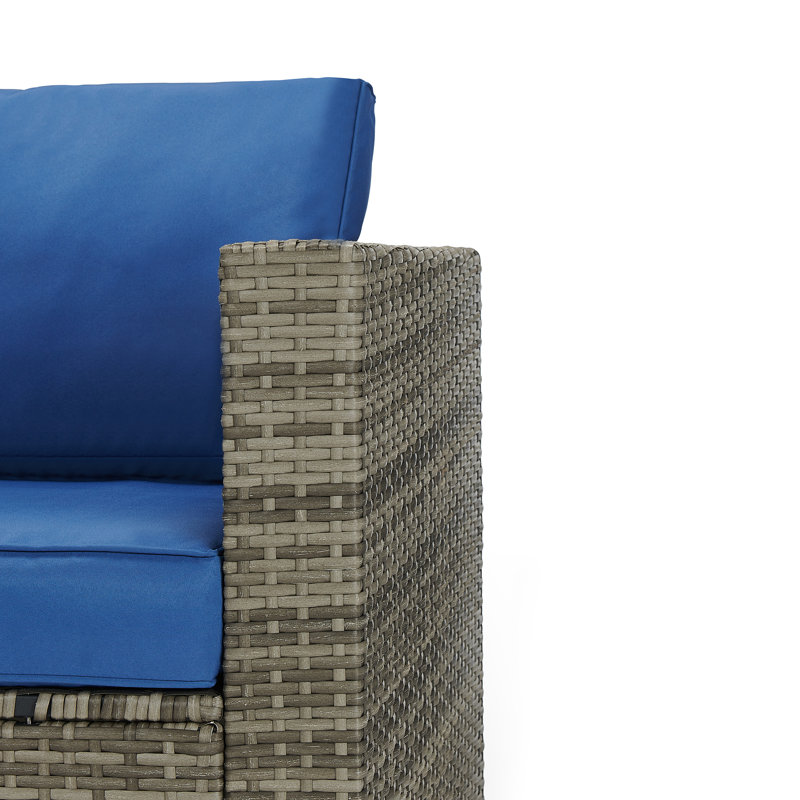 Ensemble de conversation modulaire en rotin avec coussins 4 pièces Acree, Structure grise / coussin bleu