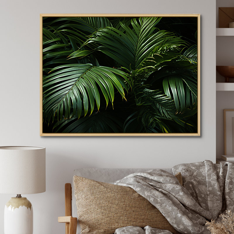 «Emerald Jungle Palm Leaves Embrace», reproduction sur toile, Cadre naturel flottant, H 34 po x l 44 po x P 1,5 po
