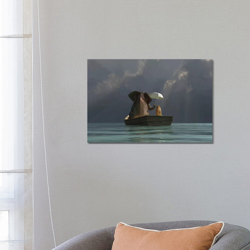 «Elephant and Dog Are Floating in a Boat II» par Mike Kyiv - Reproduction d'art graphique, Pas de tapis, Toile tendue